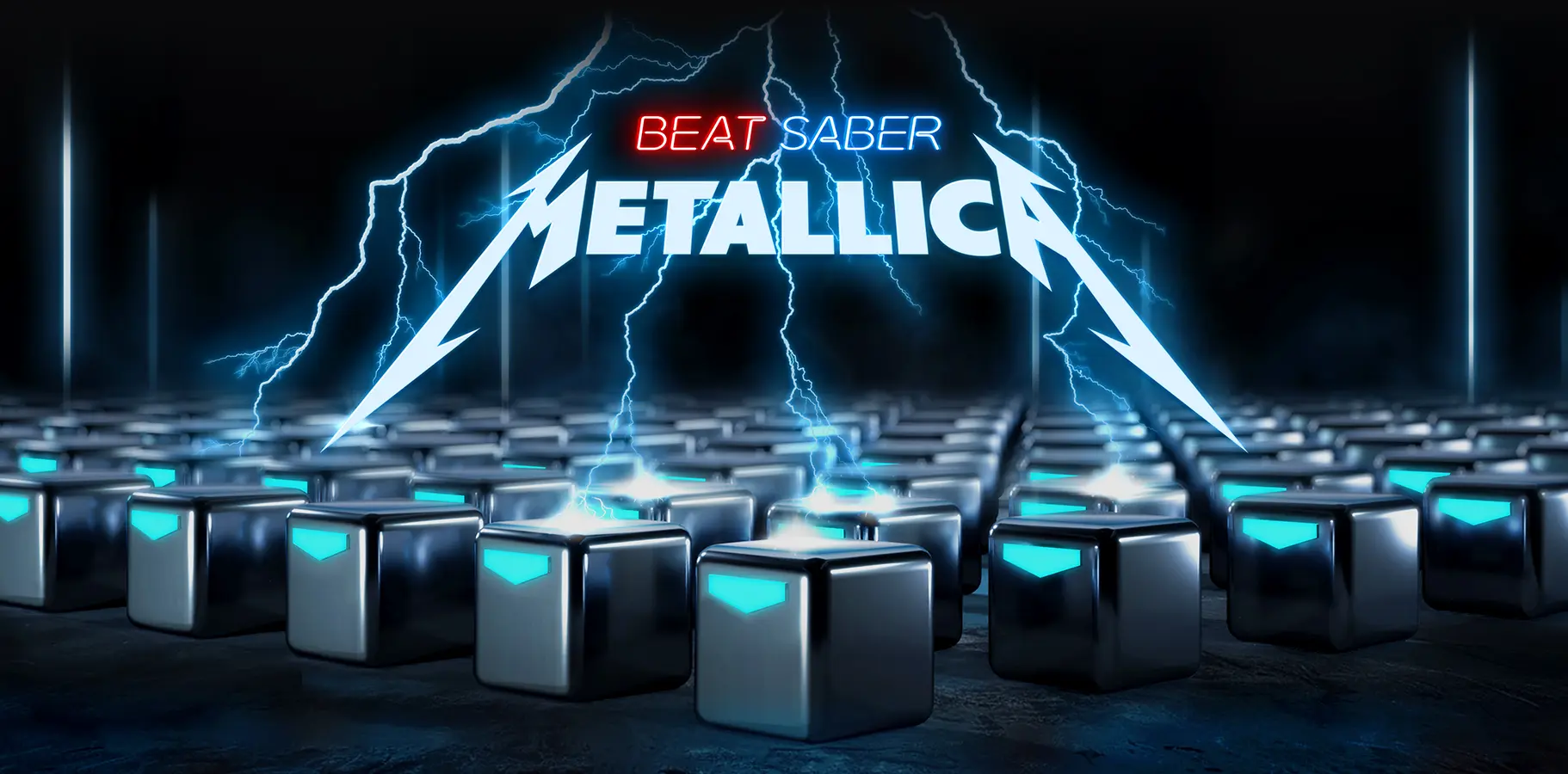 Metallica Beat Saber music pack art featuring lightning and metallic cubes