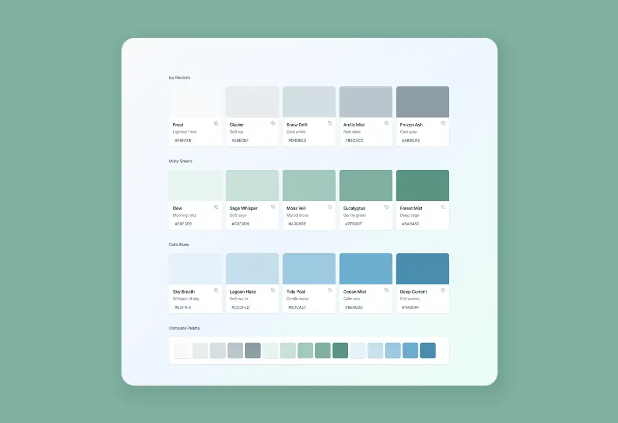 Grounded color system with icy neutrals, misty greens, and calm blues