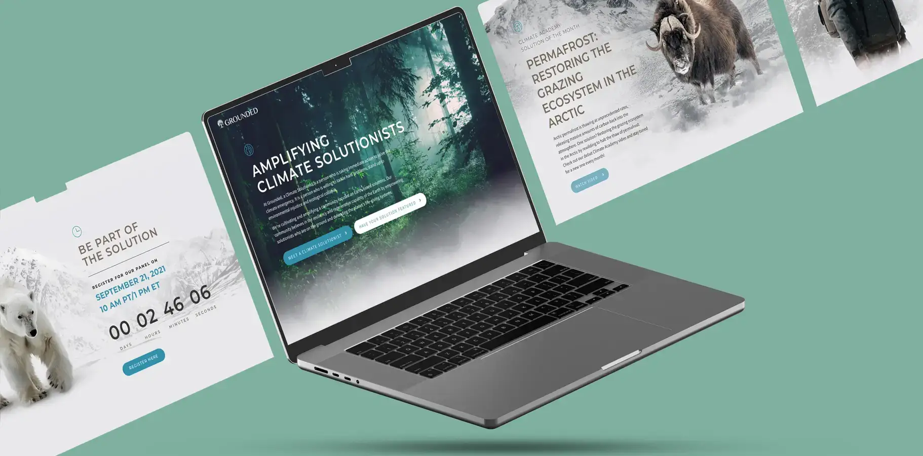 Grounded website and campaign design shown in a desktop mockup