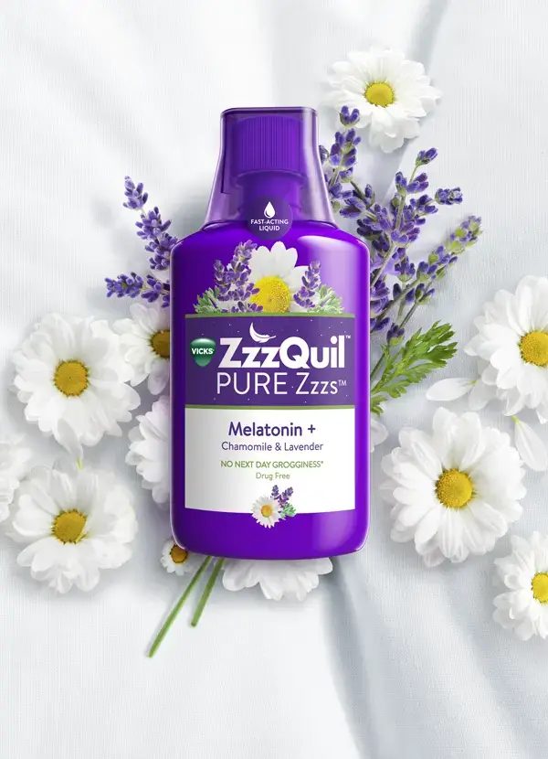 ZzzQuil product image and restful palette