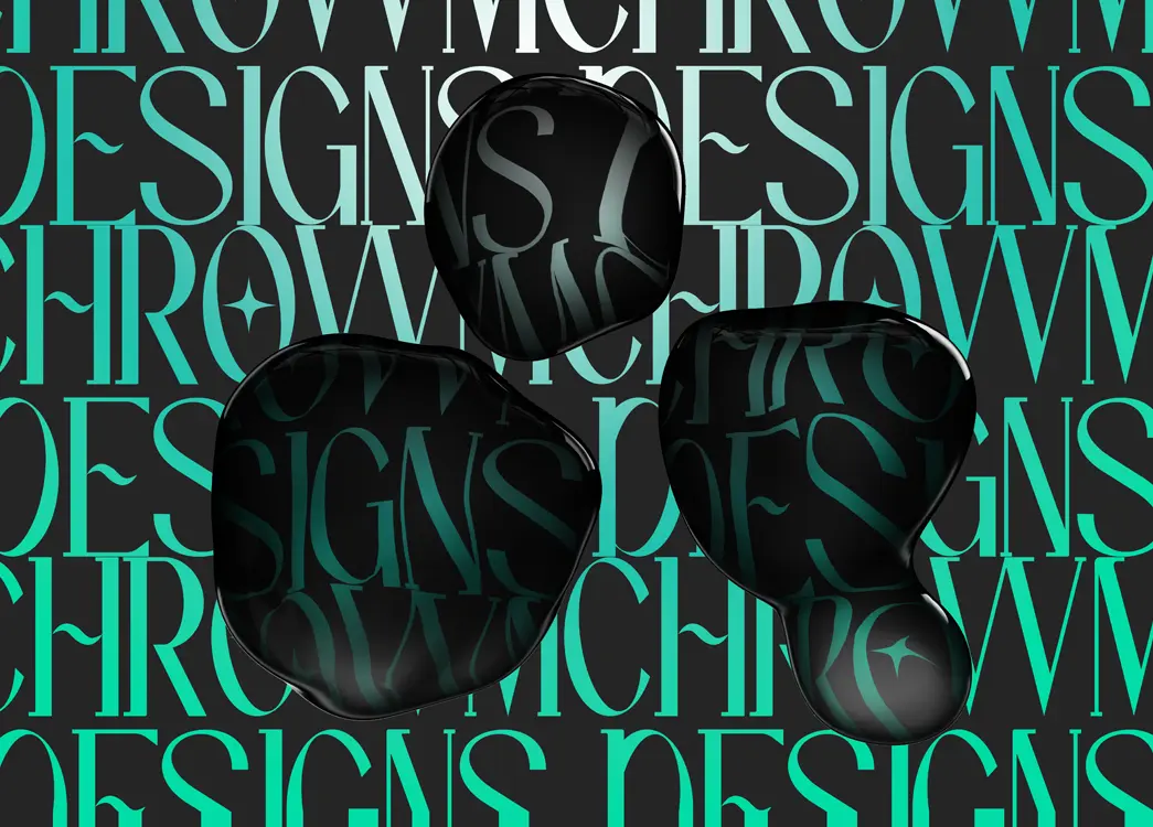 http://Graphic%20composition%20with%20repeated%20Chrowm%20Designs%20lettering%20in%20teal%20behind%20glossy%20black%20abstract%20shapes.